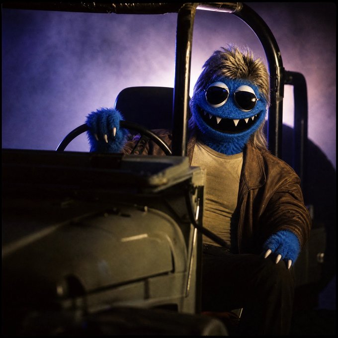A blue furry monster puppet with blonde hair, fangs, and sunglasses wearing a brown leather jacket sits behind the wheel of a Jeep in a dimly lit scene.