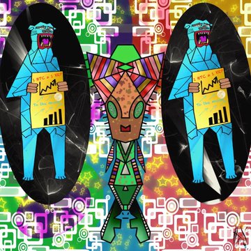 A colorful, psychedelic digital illustration featuring a central geometric alien-like figure flanked by two blue creatures holding charts, set against a vibrant background with the word "DIVERSITY" and other repeated text elements.