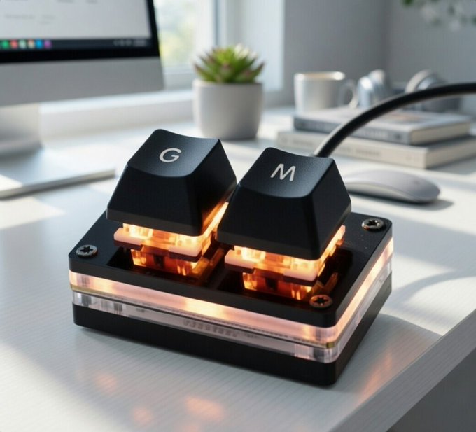 A black dual-key mechanical macro pad with "G" and "M" keycaps and amber backlighting, sitting on a white desk with an iMac and books in the background.