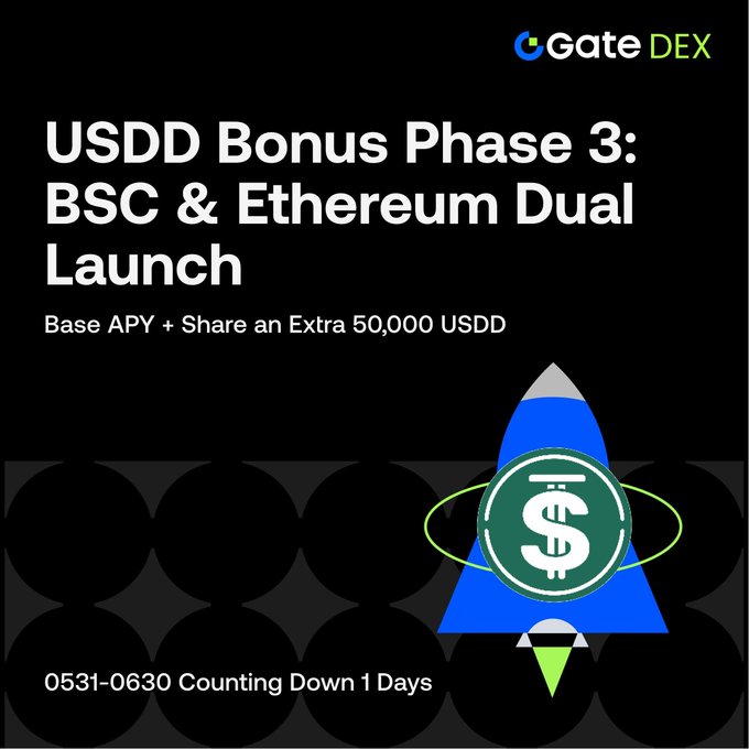 The image features an advertisement for a Bitcoin Bonus Campaign Phase 3 that is being launched by Gate DEX. The main focus of the campaign is to accelerate the completion of a multi-chain yield ecosystem layout, which would result in a reward pool of 50,000 USDC. The image also includes a blue rocket ship with a dollar sign on it, symbolizing the launch of this incentive program.