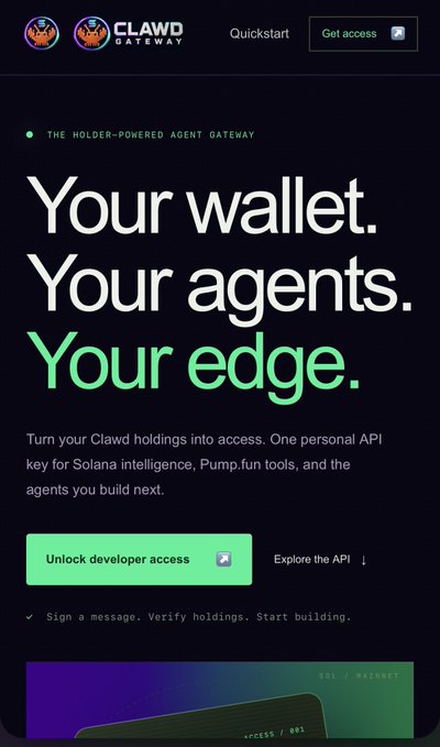 A dark webpage for 'CLAWD GATEWAY' displaying the text 'Your wallet. Your agents. Your edge.' with a green 'Unlock developer access' button.