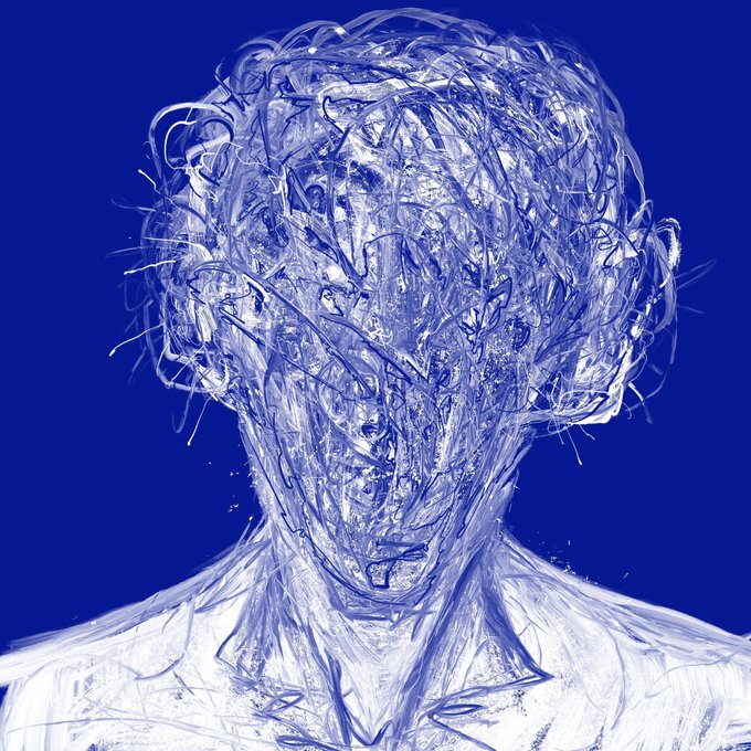 A sketch-style portrait of a person with messy hair and facial features rendered in white and blue lines against a solid deep blue background.