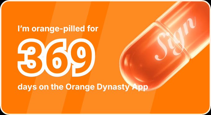 An orange promotional graphic featuring a pill capsule labeled 'Sign' and text reading 'I'm orange-pilled for 369 days on the Orange Dynasty App'.