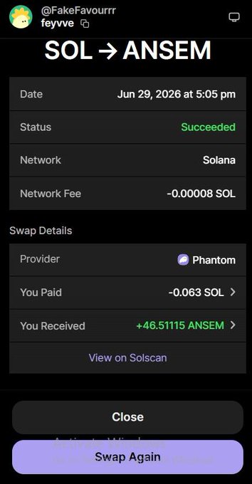A successful cryptocurrency swap receipt showing a SOL to ANSEM transaction on the Solana network, where 0.063 SOL was exchanged for 46.51115 ANSEM with a network fee of 0.00008 SOL.