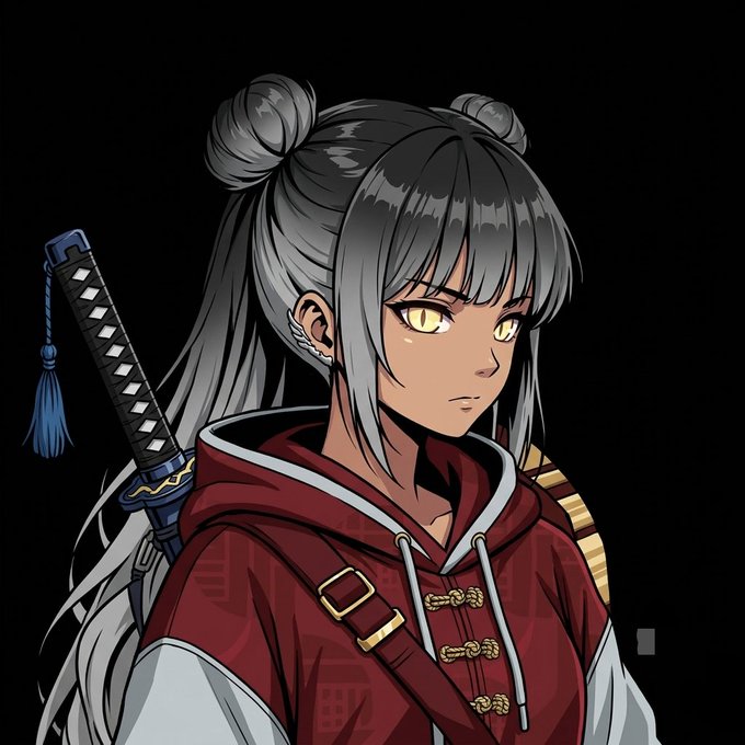 Anime-style illustration of a dark-skinned female character with silver hair in twin buns, yellow eyes, wearing a red and white hooded outfit with a katana sword on her back against a black background.