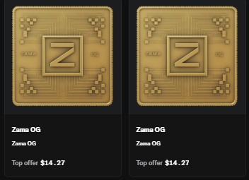 A screenshot showing two identical 'Zama OG' NFT listings, both displaying a gold coin with the 'Z' symbol. Both listings show a 'Top offer $14.27'.