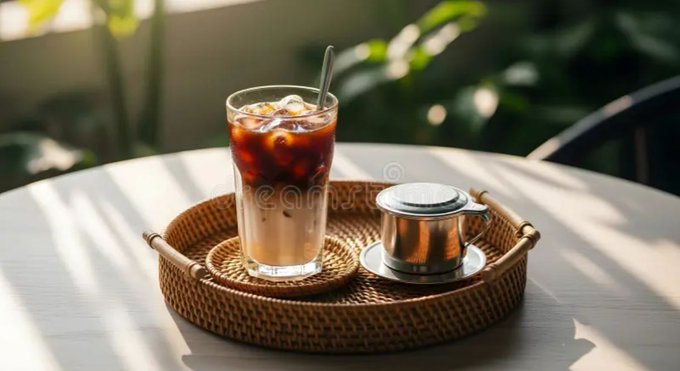 A glass of iced coffee and a metal pitcher sit on a woven tray atop a wooden table, illuminated by sunlight with green foliage in the background.