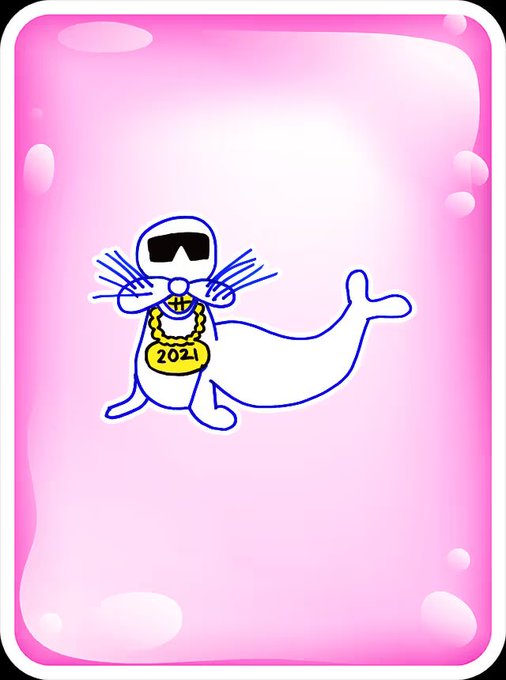 A digital trading card-style illustration of a cartoon seal wearing sunglasses and a gold chain marked "2021," set against a pink background.