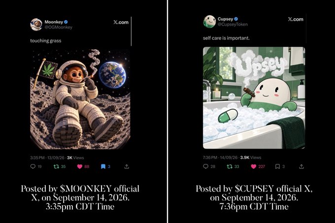 Two side-by-side social media posts on X.com: $MOONKEY (@ODMoonkey) at 3:35 PM on 13/09/26 showing a monkey astronaut on the moon captioned "touching grass," and $CUPSEY (@CupseyToken) at 7:36 PM on 14/09/26 showing a cartoon cup in a bubble bath captioned "self care is important."