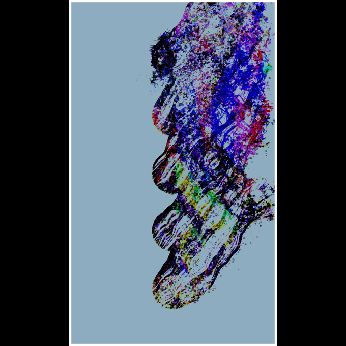 An abstract digital artwork featuring a colorful, chaotic burst of multicolored brushstrokes and splatters—primarily purple, blue, red, and green—forming a vaguely humanoid or cloud-like shape against a solid gray background.