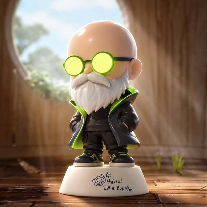 A 3D rendered figurine of a bald character with a white beard, wearing yellow-green glasses and a black outfit with green accents, displayed on a white pedestal with 'Hello! Little Bug' text.
