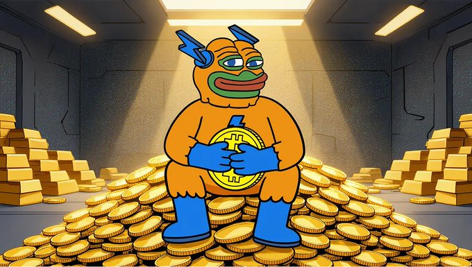 An anthropomorphized Pepe the Frog dressed as a superhero in blue and orange clutches a large Bitcoin coin while sitting atop a mountain of gold coins and bars in a vault. The image illustrates the post's message about Bitcoin as the foundational store of value, with "Bitcoin Hyper" positioned as the active layer enabling tools, apps, and services built on top of it.