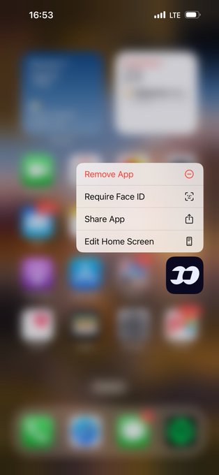 An iPhone screenshot showing a popup menu with options including "Remove App," "Require Face ID," "Share App," and "Edit Home Screen" over a blurred home screen background.
