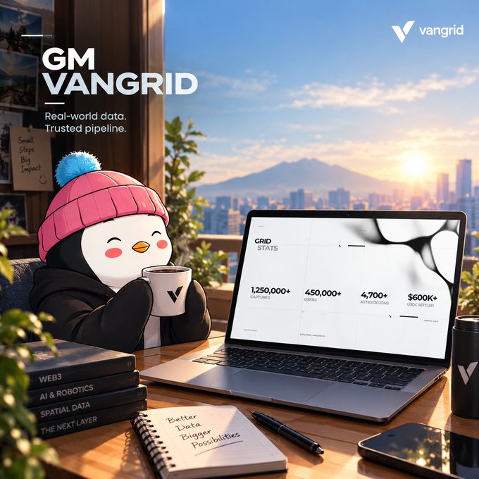 A promotional image for 'GM VANGRID' featuring a cartoon penguin character in a pink beanie drinking coffee next to a laptop displaying grid stats (1,250,000+ customers, 450,000+ users, 4,700+ attributes) against a city sunset backdrop.