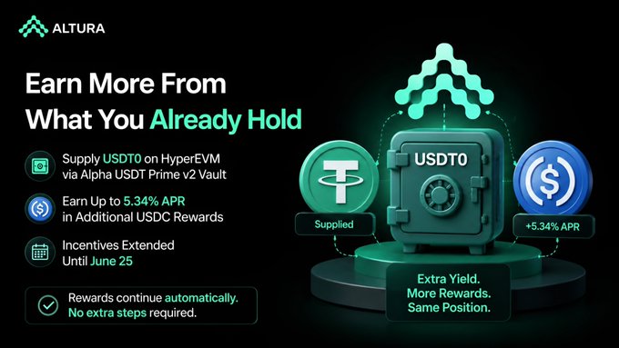 The image features a green safe with three blue coins inside of it. The text "Emp more from What you already hold" is displayed above the safe. Below the safe, there are three different types of coins labeled as "USDT0", "HyperEVM", and "Alpha". The text "Focus on what is in the image and how it relates to the post" suggests that the image might be related to a discussion or tutorial about cryptocurrency trading strategies or investment opportunities.