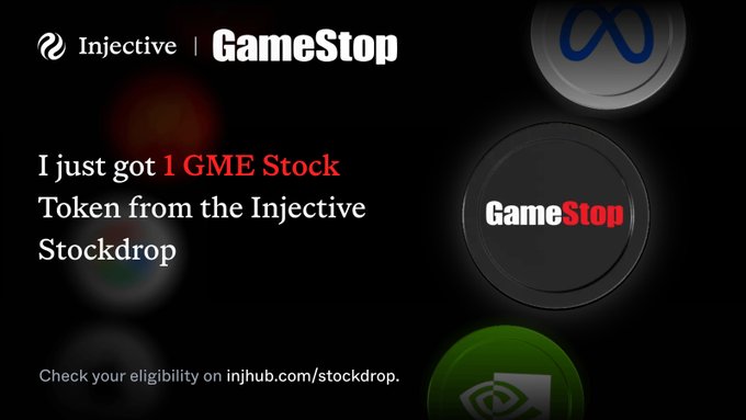 Promotional graphic for Injective x GameStop partnership showing '1 GME Stock Token from the Injective Stockdrop' with eligibility check at injhub.com/stockdrop.