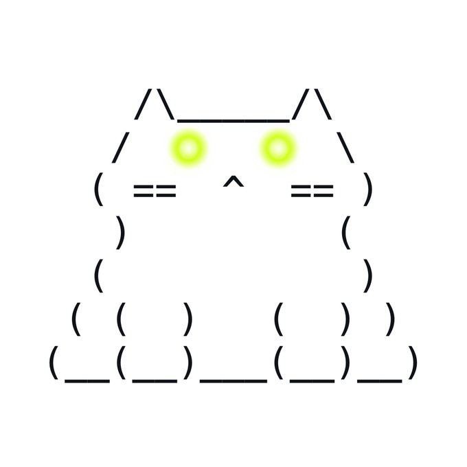 An ASCII art illustration of a cat's face with bright green glowing eyes, a small triangular nose, whiskers, and a body made of nested parentheses and underscores.