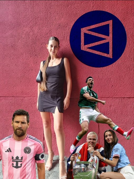 A composite image showing several people including soccer player Lionel Messi, a celebrating athlete, and a couple holding a trophy, arranged around a large blue logo on a red wall.