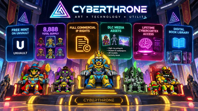 A promotional banner for "CYBERTHRONE" NFT project highlighting features like "FREE MINT ON UNVAULT," "8,888 TOTAL SUPPLY," "FULL COMMERCIAL IP RIGHTS," "DLC MEDIA ASSETS," and "LIFETIME CYBERCORTEX ACCESS."
