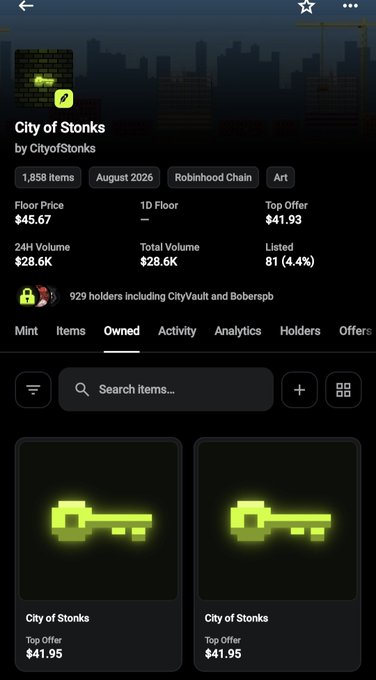 An OpenSea listing page for the "City of Stonk" NFT collection by CityofStonks on the Robinhood Chain, showing a floor price of $45.67.