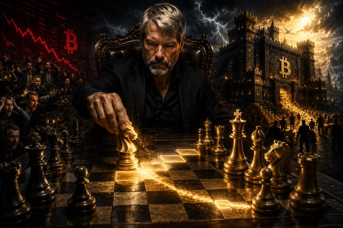 The image features an older man playing chess, with a castle or building in the background that appears to be made of gold. The man is sitting at a table, holding a piece of white chessboard, which has a knight on it. He seems to be making a move and is about to capture one of his opponent's pieces. 

The image also includes text that reads "Everyone is focused on the 32 Bitcoin. Very few are asking why. In chess, beginners often panic when they see a grandmaster sacrifice a piece." This phrase could be interpreted as a reference to the current state of cryptocurrency or the game of chess itself. The man's actions in the image might represent a strategic move in the game, similar to how one would make a move in the world of cryptocurrency trading.
