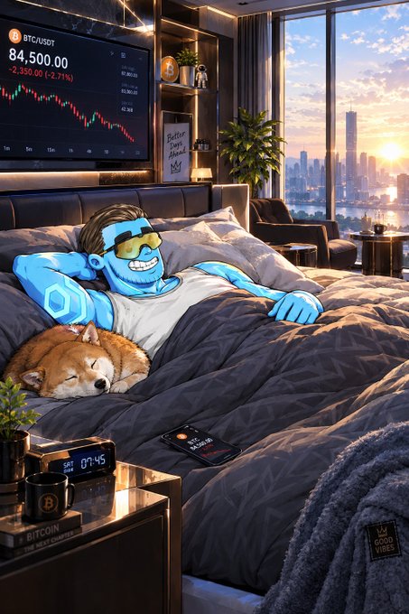 An AI-generated illustration of a blue cartoon character sleeping in a luxury bedroom with a city skyline view, while a screen displays "BTC/USDT 84,500.00 -2,350.00 (-2.71%)" with a red downward chart, a Shiba Inu at the bedside, and Bitcoin-related items.