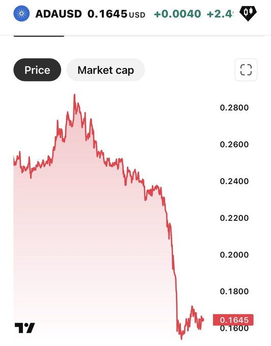 A TradingView price chart for ADA/USD shows Cardano trading at $0.1645, up 2.4% (+$0.0040), with the graph illustrating a sharp decline from highs near $0.2900 to recent lows around $0.1600—context for the post questioning how soon ADA might recover from these depressed price levels.