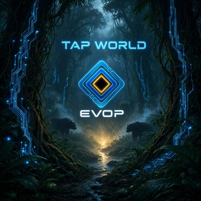 A digital artwork of a dark, misty jungle with circuit-like patterns, featuring the text 'TAP WORLD' and 'EVOP' with a glowing diamond logo.