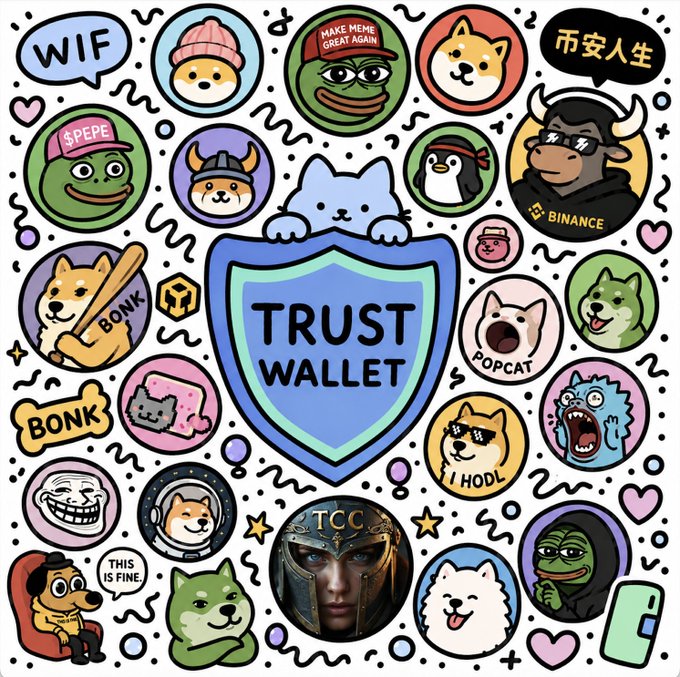 This image displays a collection of popular meme tokens, including Pepe, Dogecoin, and Popcat, centered around a "Trust Wallet" logo. Its relevance to the post is that it visually represents the meme tokens $CZ and $TCC, which are part of the question posed to the audience.