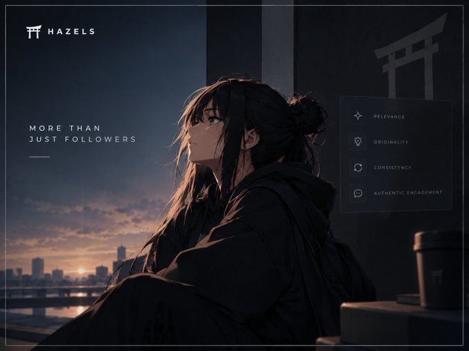 The image features an anime-style illustration of a dark-haired character against a twilight cityscape, branded with "HAZELS" and "MORE THAN JUST FOLLOWERS," alongside icons highlighting "RELEVANCE," "ORIGINALITY," "CONSISTENCY," and "AUTHENTIC ENGAGEMENT"—directly reinforcing the post's message that creator value extends beyond follower count to include meaningful contribution and engagement.