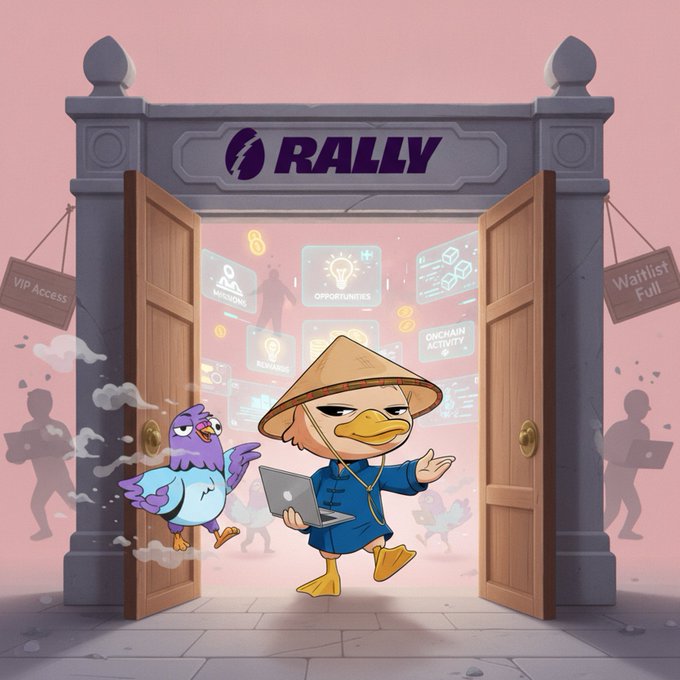 The image features a cartoon duck holding a laptop while standing in front of an open door with "Rally" written on it. There are several people around them, including a person wearing a hat who appears to be a Web3 project manager or developer. The scene suggests that the cartoon duck is promoting a new era of begging for whitelist spots or marketing deals, as indicated by the post's title.