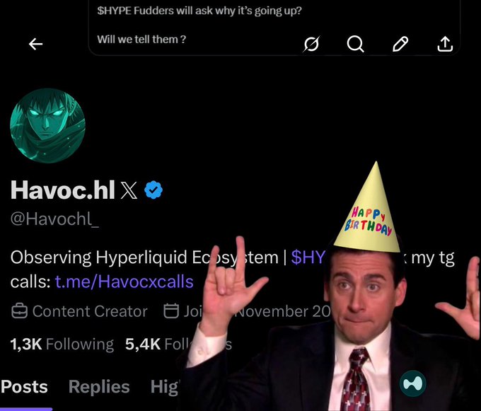 A Twitter/X profile screenshot for 'Havoc.hl' (@HavochL_), a Content Creator observing the Hyperliquid Ecosystem, overlaid with an image of Michael Scott from The Office wearing a 'Happy Birthday' party hat.