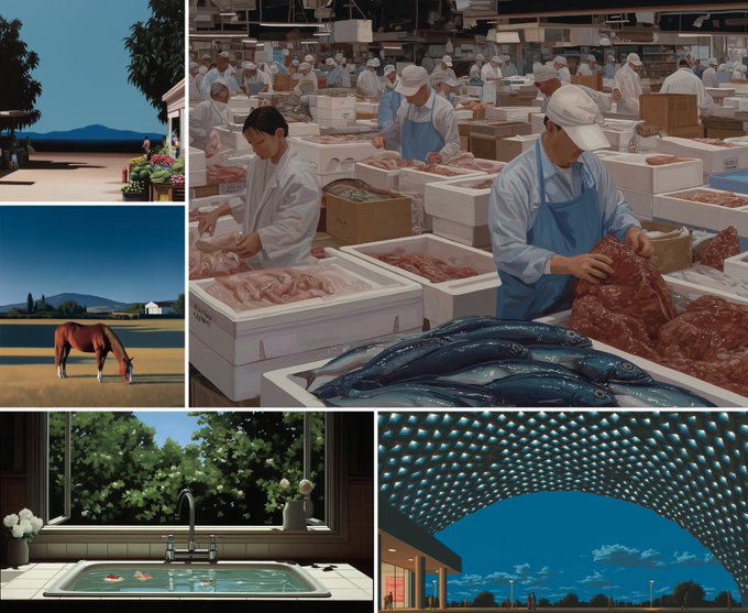 A retro Studio Ghibli-style collage featuring a fish market, a horse in a field, a bathtub by a window, and an aquarium ceiling, rendered in the animation style of films like My Neighbor Totoro or Spirited Away.