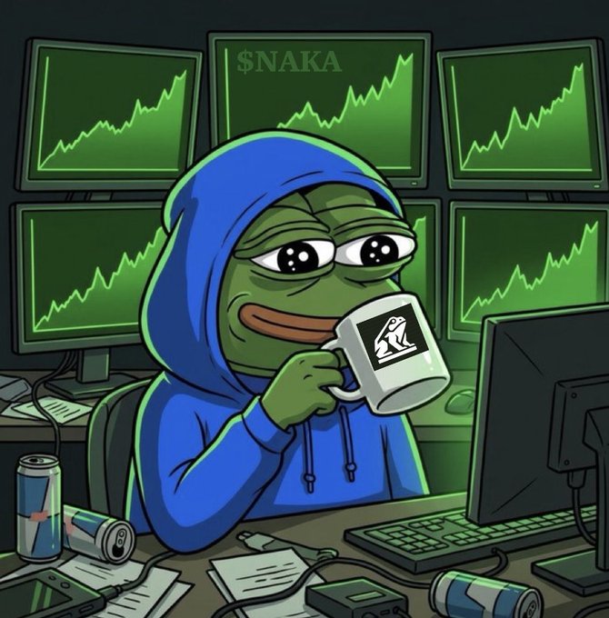 An illustrated Pepe the Frog meme wearing a blue hoodie, drinking from a mug with a frog logo, sitting in front of multiple green stock charts and computer monitors displaying rising line graphs under the '$NAKA' ticker, surrounded by energy drink cans and scattered papers.