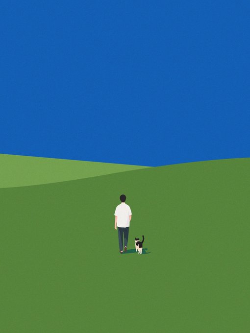 A minimalist digital illustration of a person in a white shirt walking with a black and white cat across rolling green hills under a dark blue sky.