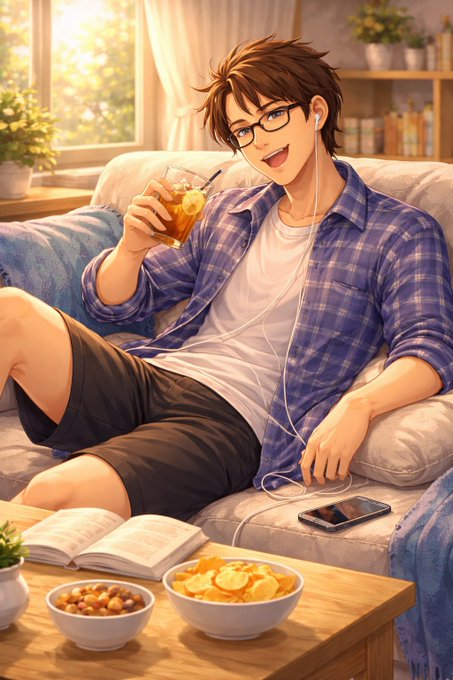 An anime-style illustration depicts a smiling young man with glasses relaxing on a blue couch, drinking iced tea while listening to music, with snacks and a book on the coffee table.
