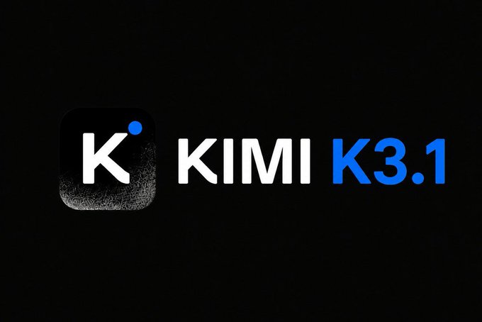 The image features a stylized "K" logo with a blue dot, displayed alongside the text "KIMI K3.1" in white and blue against a black background. This visual serves as branding imagery for Moonshot AI's upcoming Kimi K3.1 model, which the post discusses as potentially launching in August, shortly after the K3 release.
