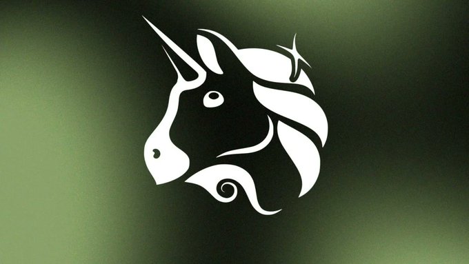The Uniswap logo, a white unicorn head, is superimposed on a dark green gradient background, visually representing the platform's governance discussions on protocol fees.