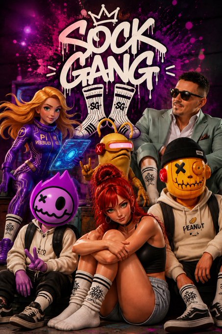This vibrant illustration features a group of characters, including animated figures and a man in a suit, all sporting socks with the "SOCK GANG" logo and the "SG" emblem. The image visually represents the "Sock Gang Co" brand, which aims to turn ideas into market-ready products.