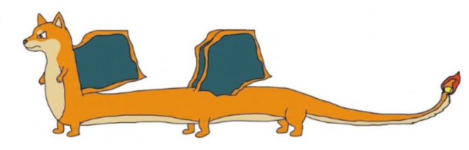A cartoon Charizard, appearing as a hybrid of Pokemon and Charmander, with an unusually long elongated body and small wings.