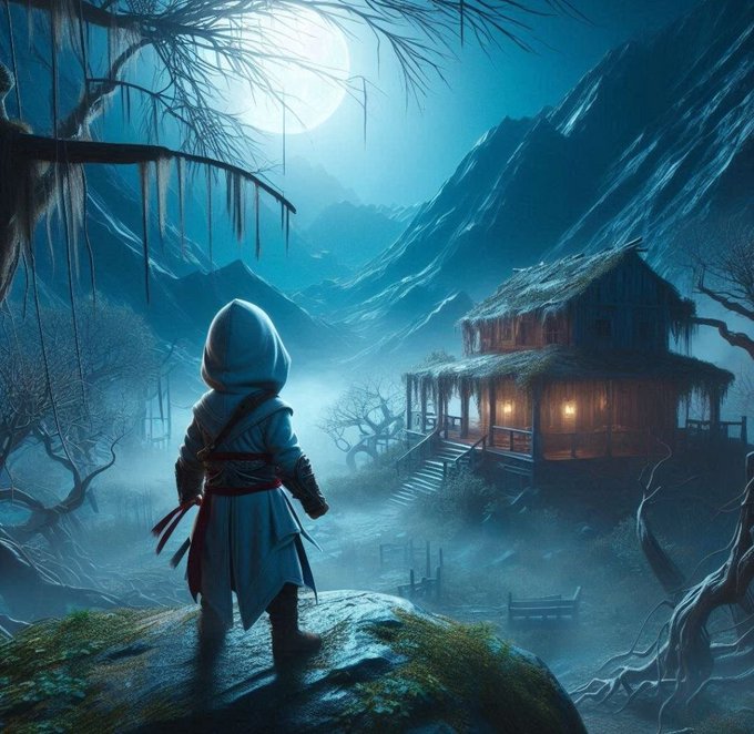 A hooded figure stands on a rocky outcrop under a full moon, gazing toward a dimly lit, moss-draped cabin nestled in misty, barren mountains. The eerie, isolated setting reinforces the post's warning about the Trezor/ShipMonk data breach—while no seed phrases or private keys were exposed, the leaked personal information (names, emails, addresses) means users must also guard their physical and digital safety, much like the lone traveler approaching a shadowy refuge.