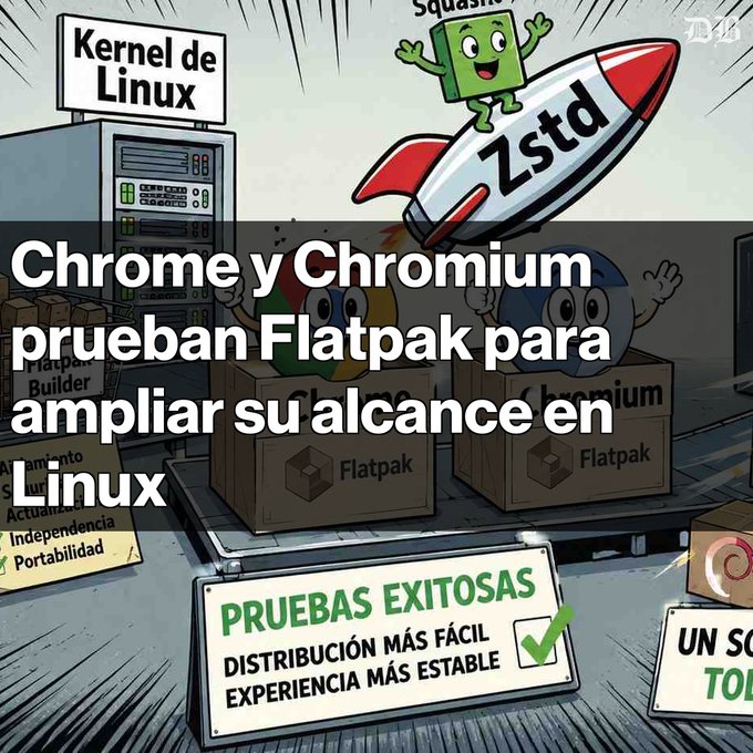 A Spanish-language graphic about Chrome and Chromium testing Flatpak for broader Linux reach, featuring cartoon Linux, Chrome, Chromium characters, and the headline 'Chrome y Chromium prueban Flatpak para ampliar su alcance en Linux'.