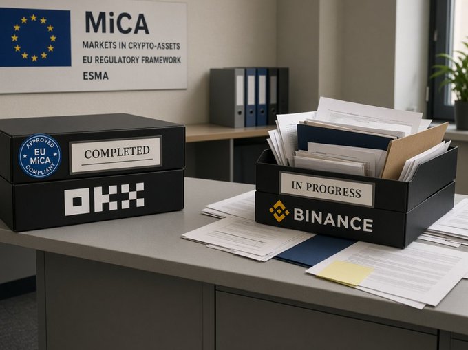 An office scene illustrating crypto regulation with a poster reading "MiCA MARKETS IN CRYPTO-ASSETS EU REGULATORY FRAMEWORK ESMA", alongside a black box labeled "COMPLETED" with an "APPROVED EU MiCA COMPLIANT" stamp, and an "IN PROGRESS" bin labeled "BINANCE" overflowing with papers.