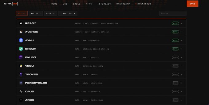 The image displays a dashboard from STRK Hub (Starknet's ecosystem hub) showing a list of DeFi protocols and apps in categories like Ready, Xverse, Avnu, Endur, Ekubo, Vesu, Troves, Forgeyields, Opus, and Arcx. The post references Starknet as a low-cost privacy transfer option at ~14 cents per transaction, and this dashboard visually represents the active Starknet ecosystem where users can access various DeFi applications built on the network.