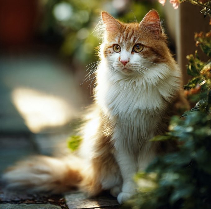 A fluffy orange and white cat with bright eyes sits outdoors in sunlight surrounded by green foliage.