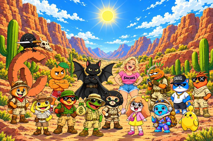 A colorful cartoon illustration featuring various characters including a bat-cat creature, a blonde woman in a 'SMOMS' shirt, and anthropomorphic food items dressed in desert military outfits, set in a sunny cactus landscape.