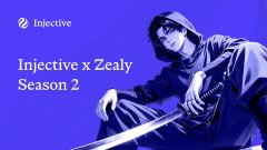 A promotional banner for 'Injective x Zealy Season 2' featuring a hooded character holding a sword.