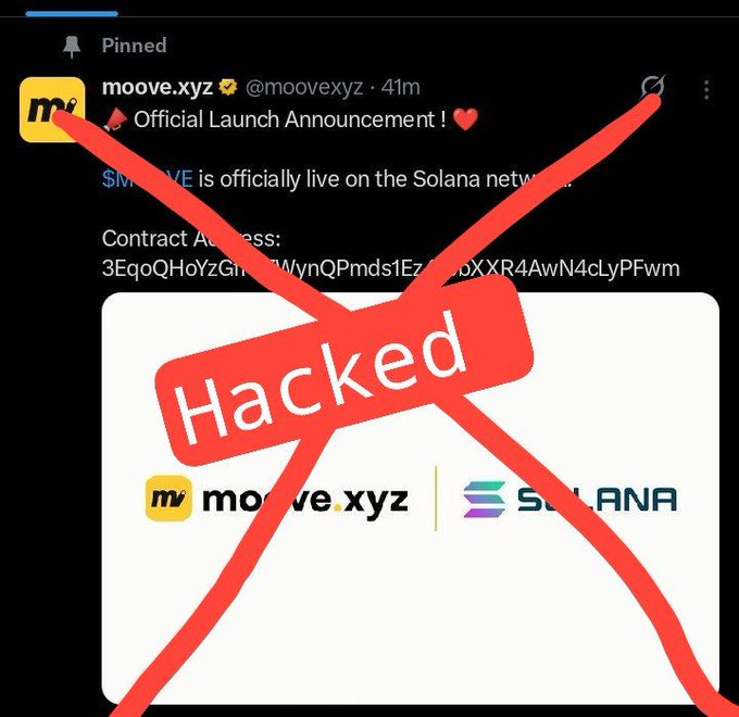 The image shows two posts related to the MooveXZ Twitter account. One post, taken from a Twitter screen, reads "Hacked Moove's recent post claiming that their token has launched on Solana. This looks like the work of scammers", and the other post is a screenshot with red X's crossed over it, indicating that the content is being blocked or deemed inappropriate for sharing due to potential hack risks. The message suggests that someone might have attempted to hack into MooveXZ's Twitter account in order to distribute fake news regarding their token launch on Solana. Users should be cautious and aware of such cyber threats when using social media platforms, as they can lead to misunderstandings or the spread of inaccurate information.