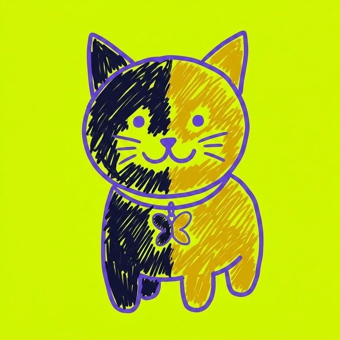 A simple doodle-style drawing of a calico cat (yellow and dark blue) with a butterfly tag on its collar, set against a bright yellow background.