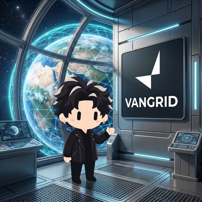 An anime-style character in a black jacket stands in a futuristic space station interior with a view of Earth through a window, gesturing toward a screen displaying the "VANGRID" logo.